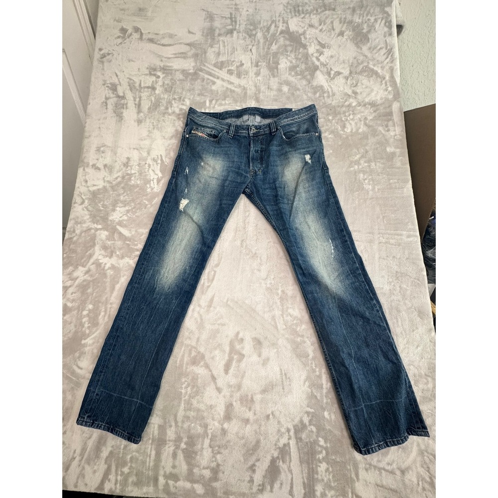 Diesel Industry Men‎ Blue Wash Distressed Denim Jeans Size 36x32 Straight Leg